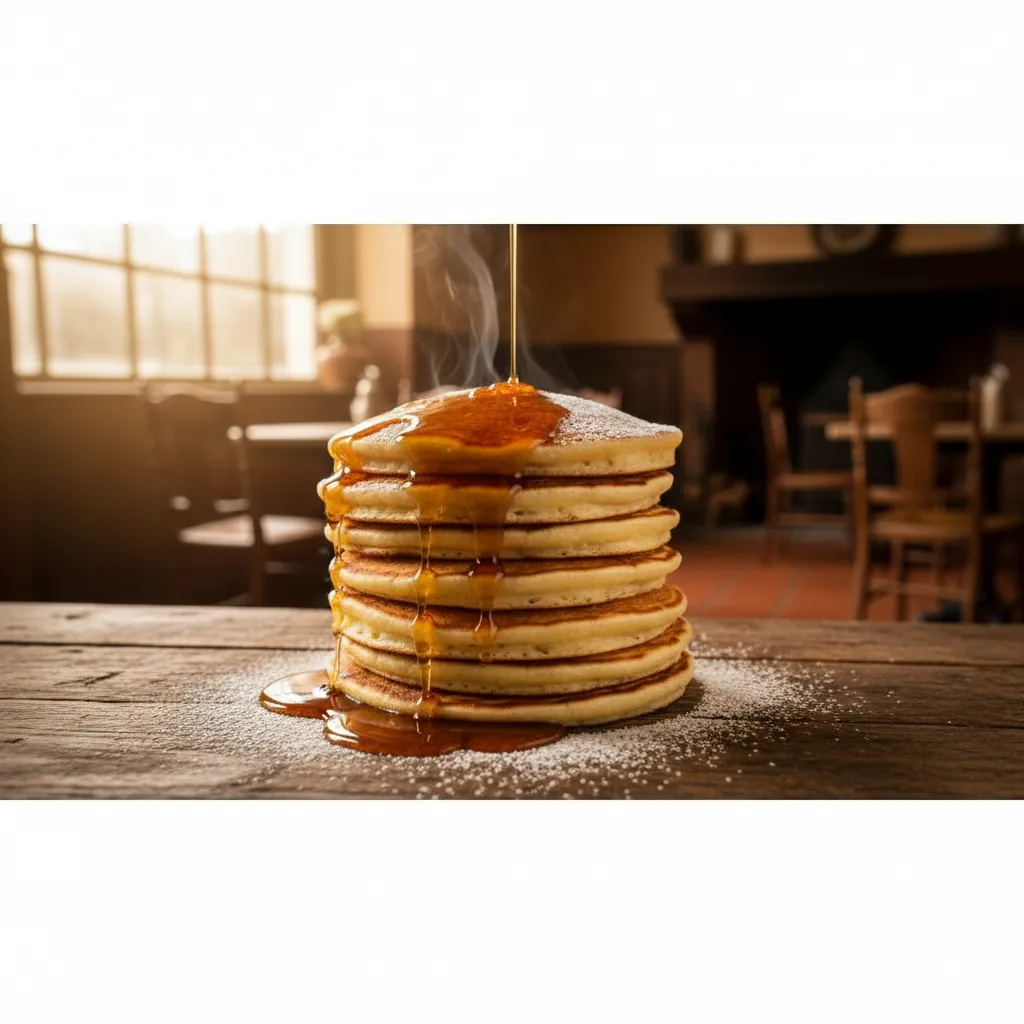 Gouden stapel pannenkoeken met ahornsiroop bij Pannenkoe Gouda